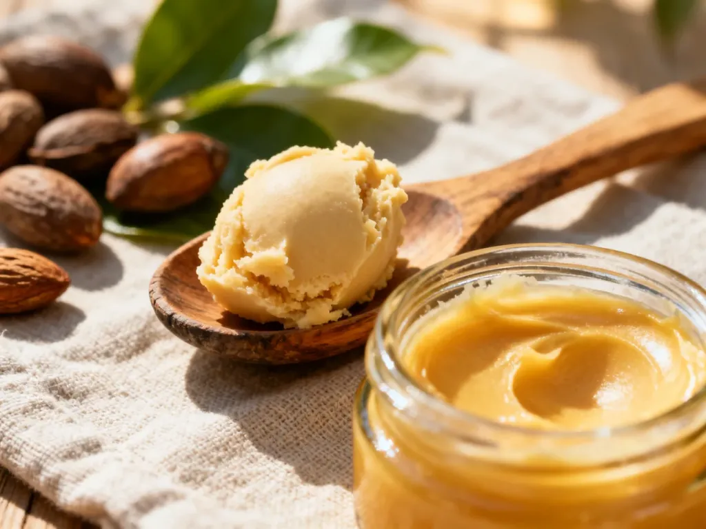 Porcja surowego masła shea na drewnianej łyżce obok szklanego słoika, podkreślająca naturalną konsystencję produktu.